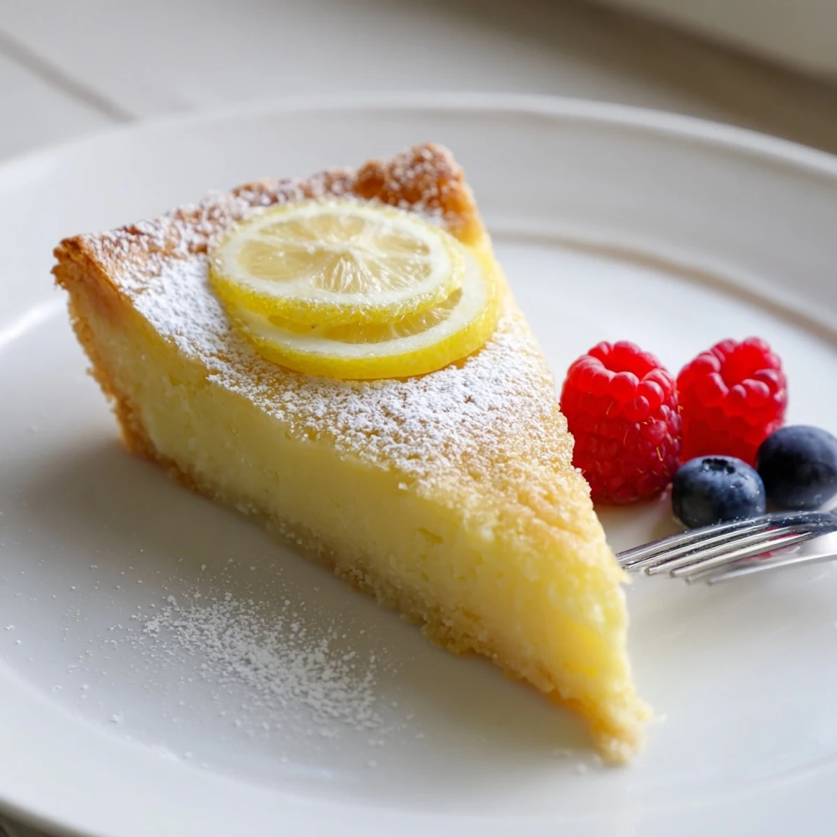 Creamy Lemon Tart Recipe on a golden crust, dusted with powdered sugar