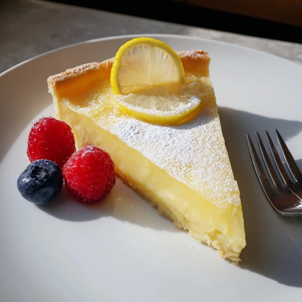 Slice of Creamy Lemon Tart Recipe revealing glossy filling and bright lemon aroma