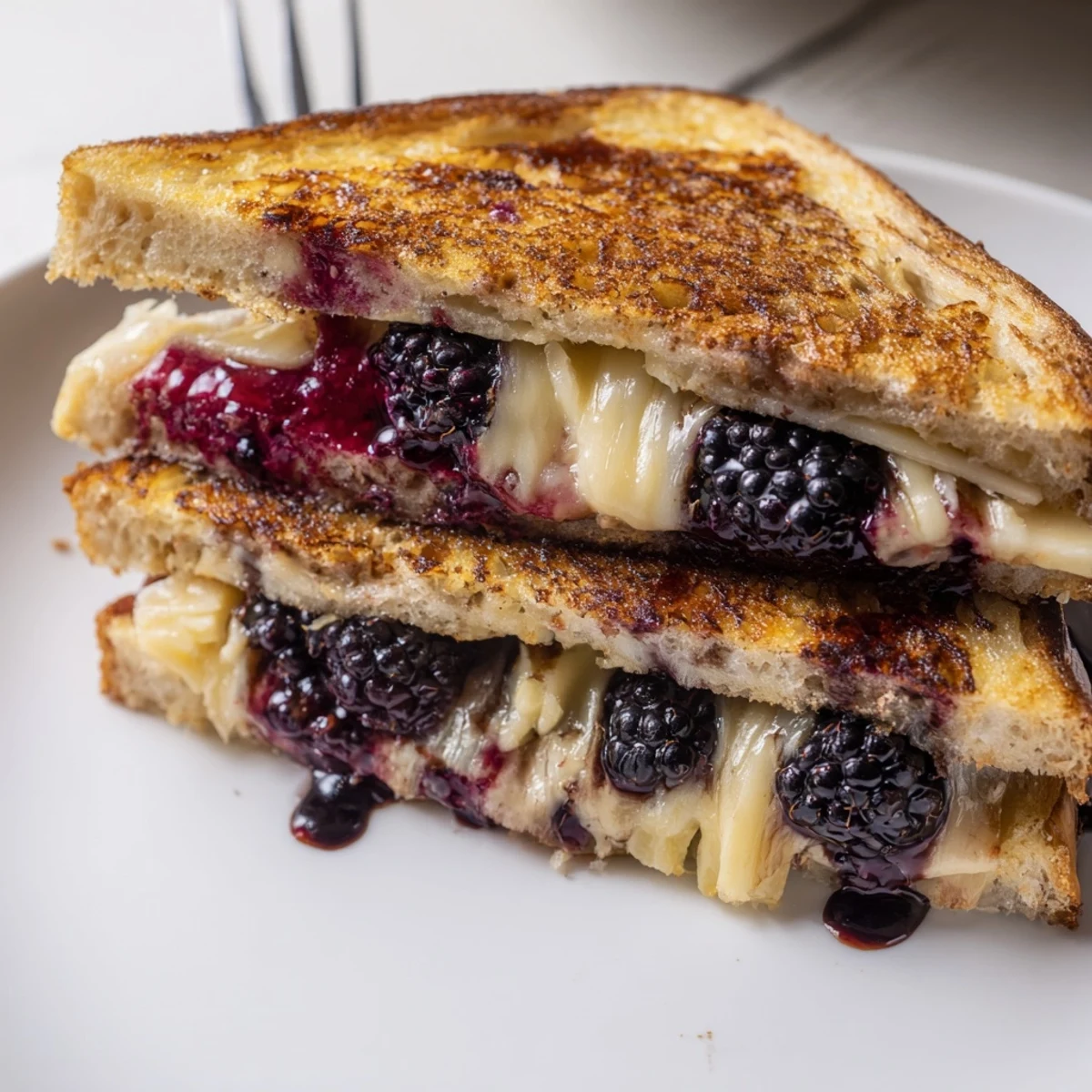 Balsamic Blackberry Bliss Grilled Cheese with melted brie, golden crust, juicy blackberries