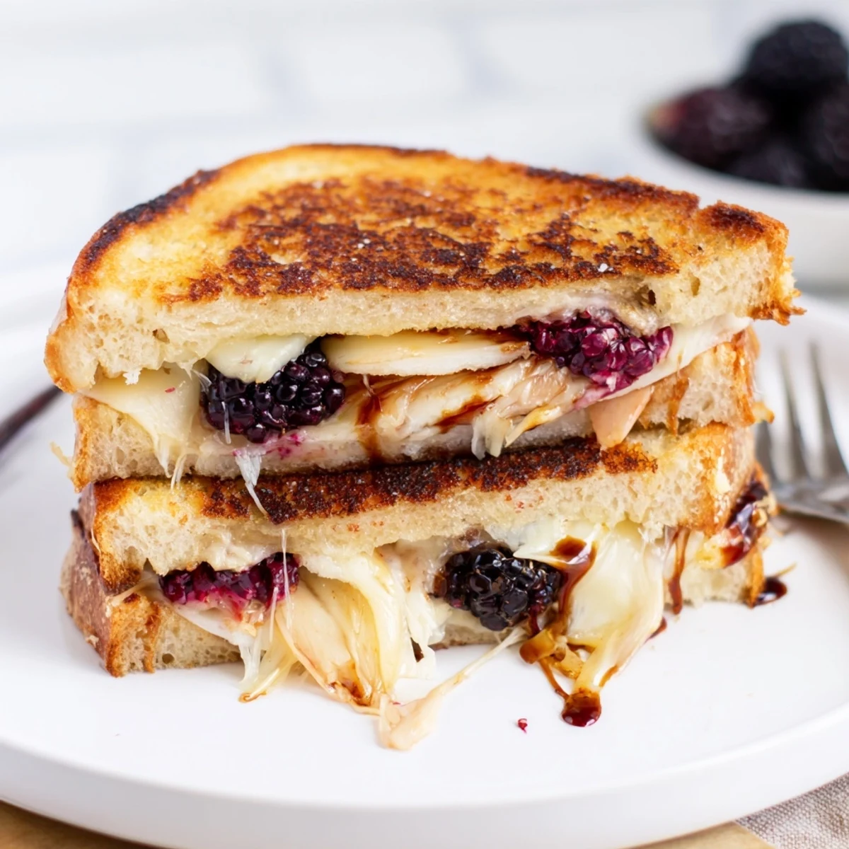 Warm Balsamic Blackberry Bliss Grilled Cheese drizzled with glaze, served with basil
