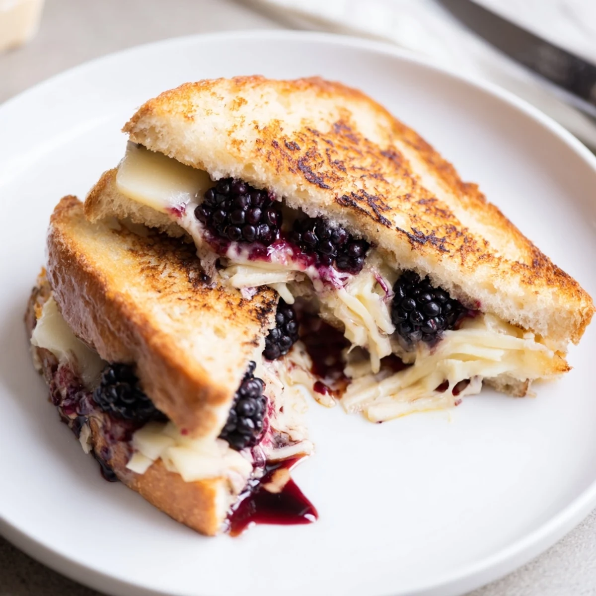 Sourdough Balsamic Blackberry Bliss Grilled Cheese sliced, gooey cheddar and tangy balsamic