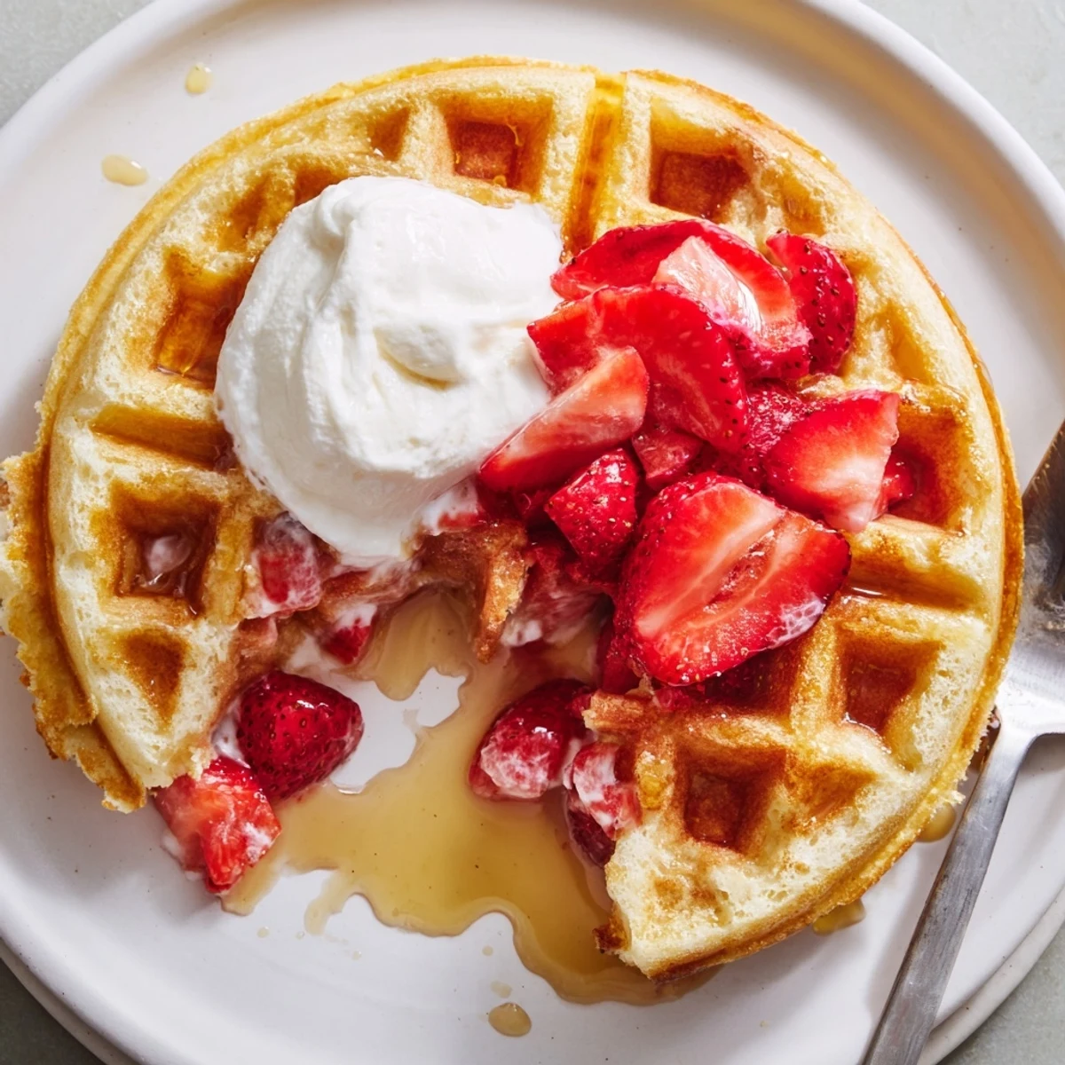 Warm Strawberry Waffles Recipe served with whipped cream and sliced strawberries