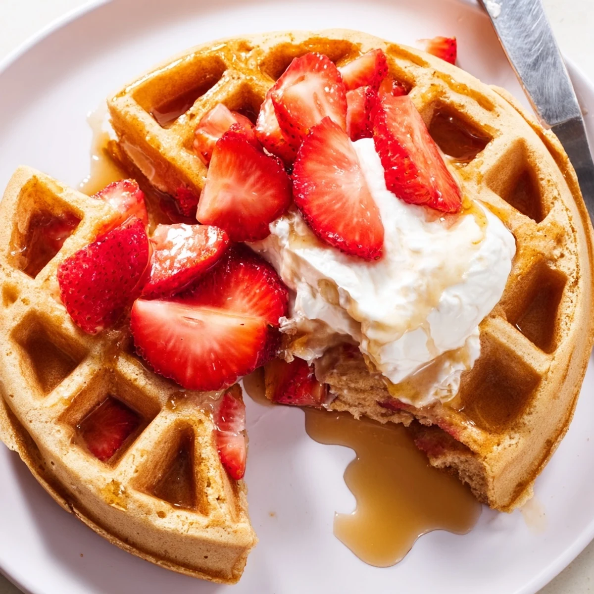 Strawberry Waffles Recipe: golden crisp exterior, fluffy interior topped with maple syrup