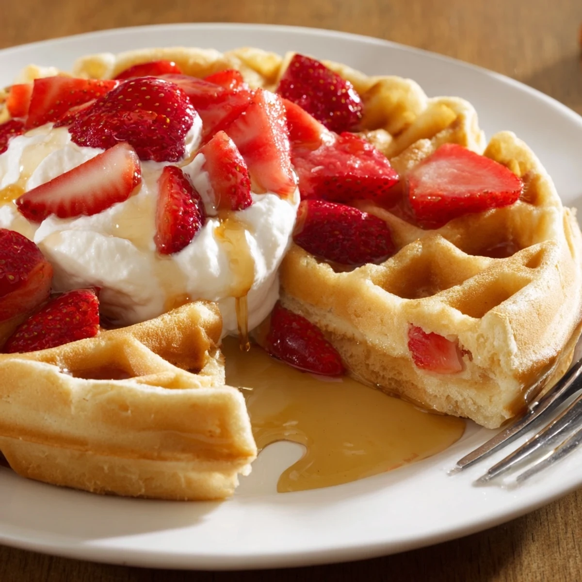Crisp-edge Strawberry Waffles Recipe with buttery aroma, syrup drizzling down
