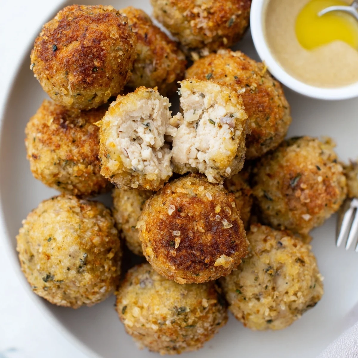 Baked Sage Onion Chicken Balls steaming golden on tray, honey-mustard dip nearby