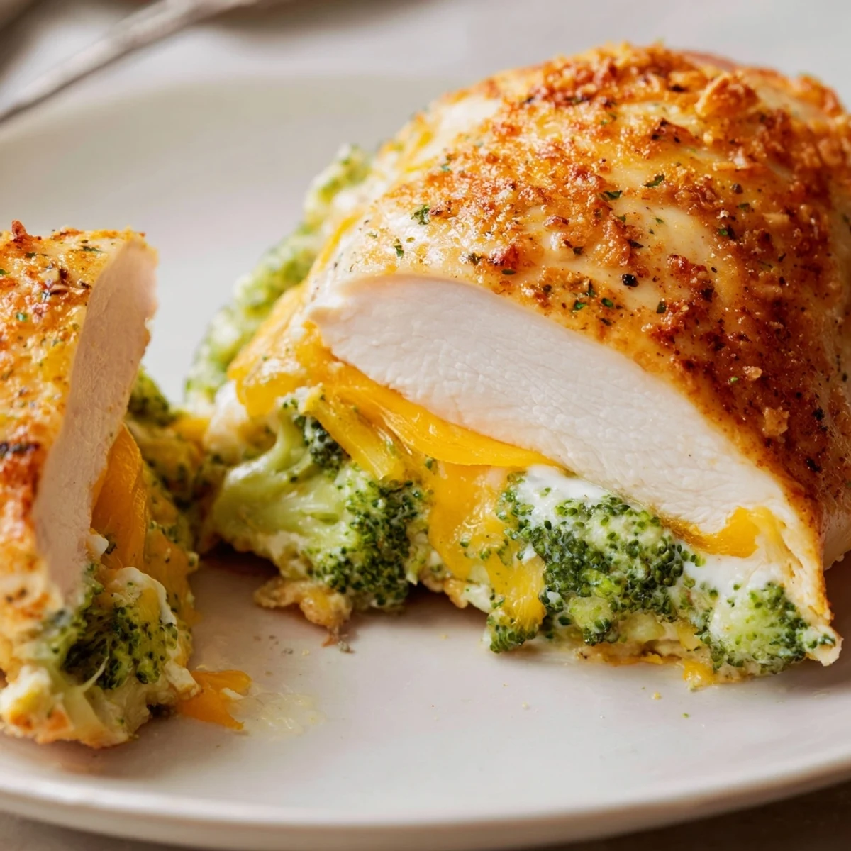 Broccoli Cheese Stuffed Chicken Breast with bubbling cheddar, golden-baked, sliced on plate