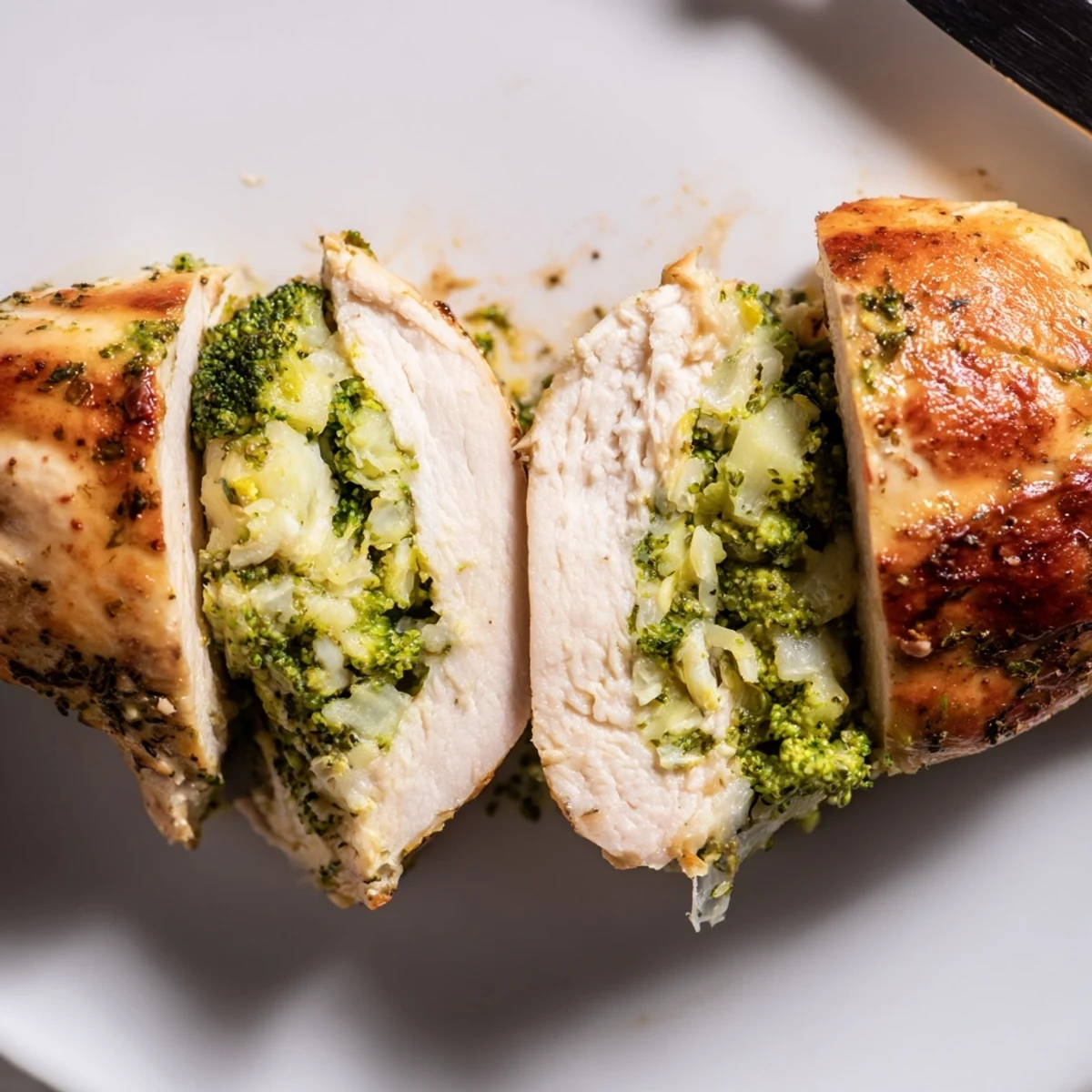 Savory Broccoli Cheese Stuffed Chicken Breast resting, steam rising, ready with salad