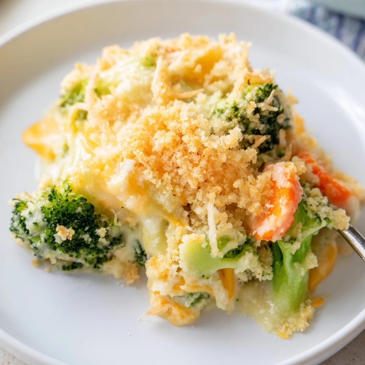 Cheese Bake Broccoli Carrots bubbling with golden crust, creamy cheddar and steam