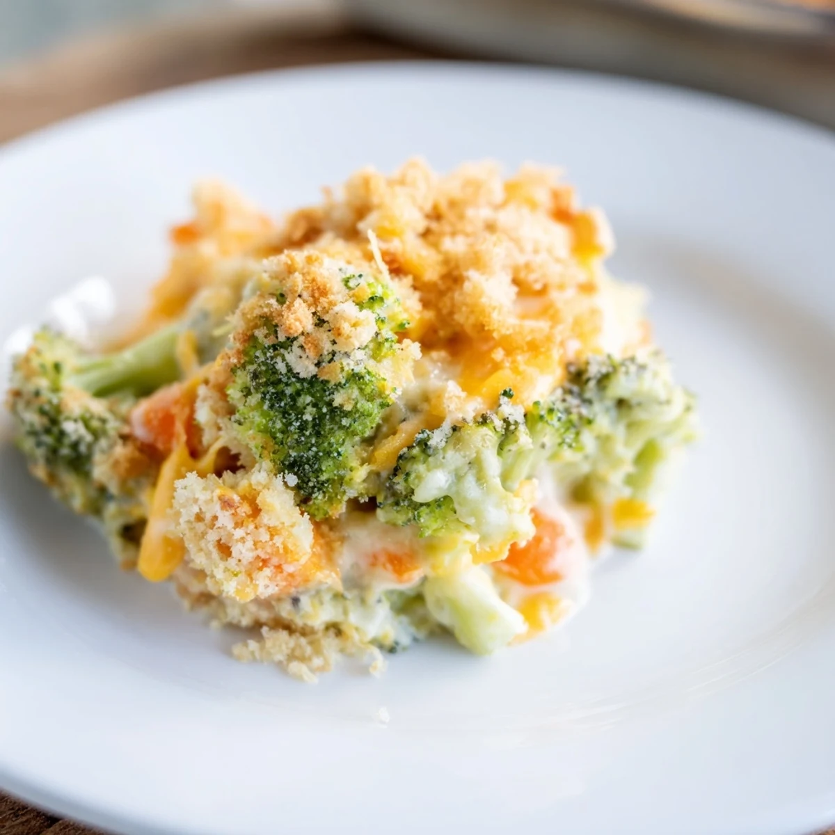 Warm Cheese Bake Broccoli Carrots served in a casserole dish, tender vegetables