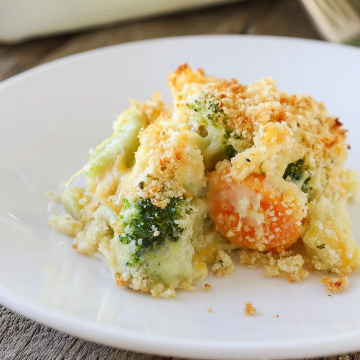Weeknight Cheese Bake Broccoli Carrots topped with crispy panko, aromatic melted cheese