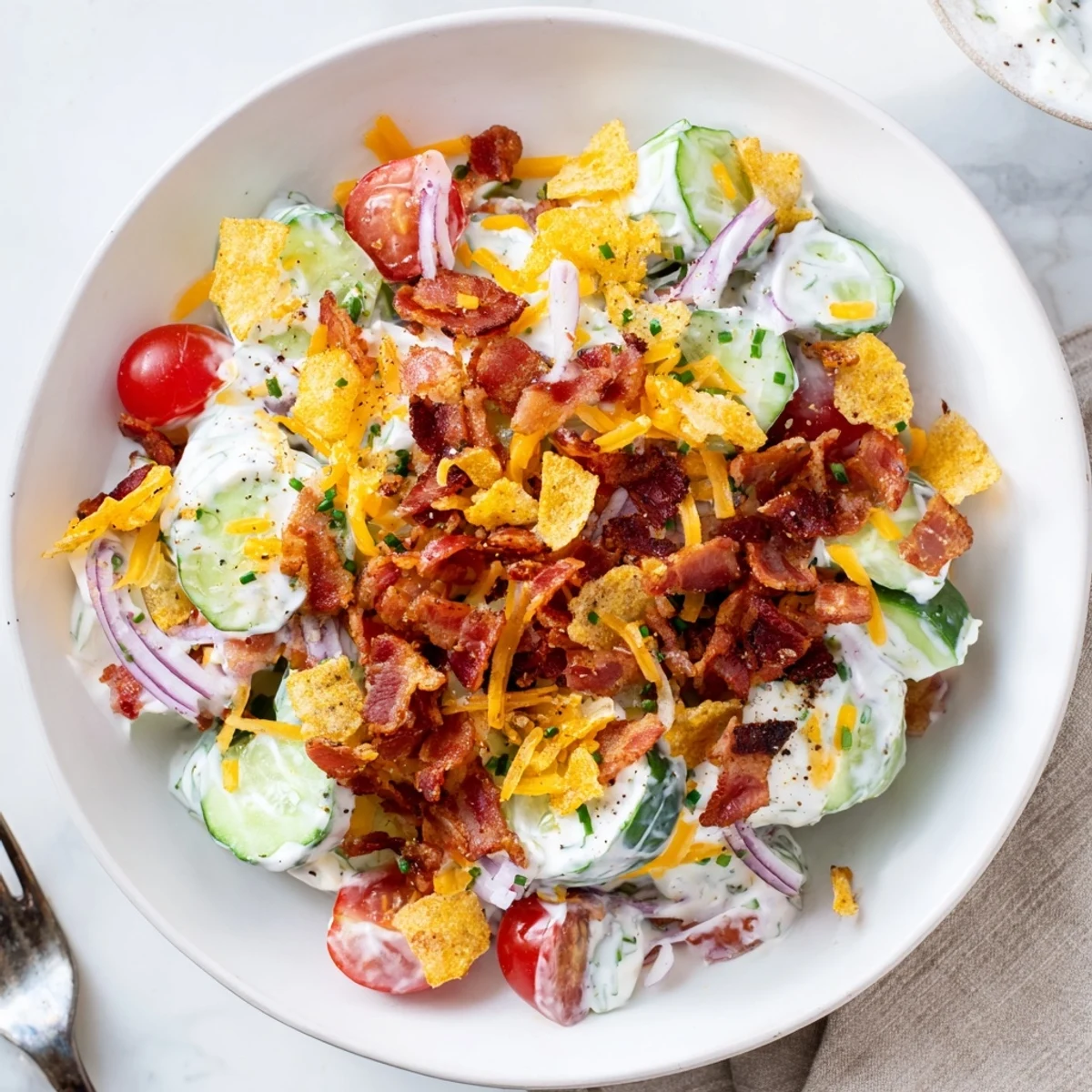 Cucumber Ranch Crack Salad with crunchy chips, smoky bacon, creamy ranch dressing