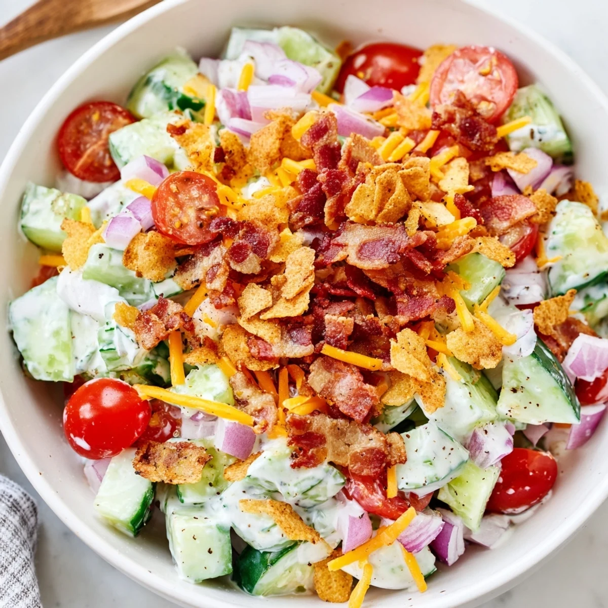 Perfect for potlucks, Cucumber Ranch Crack Salad bursts with crisp cucumbers, crumbled bacon