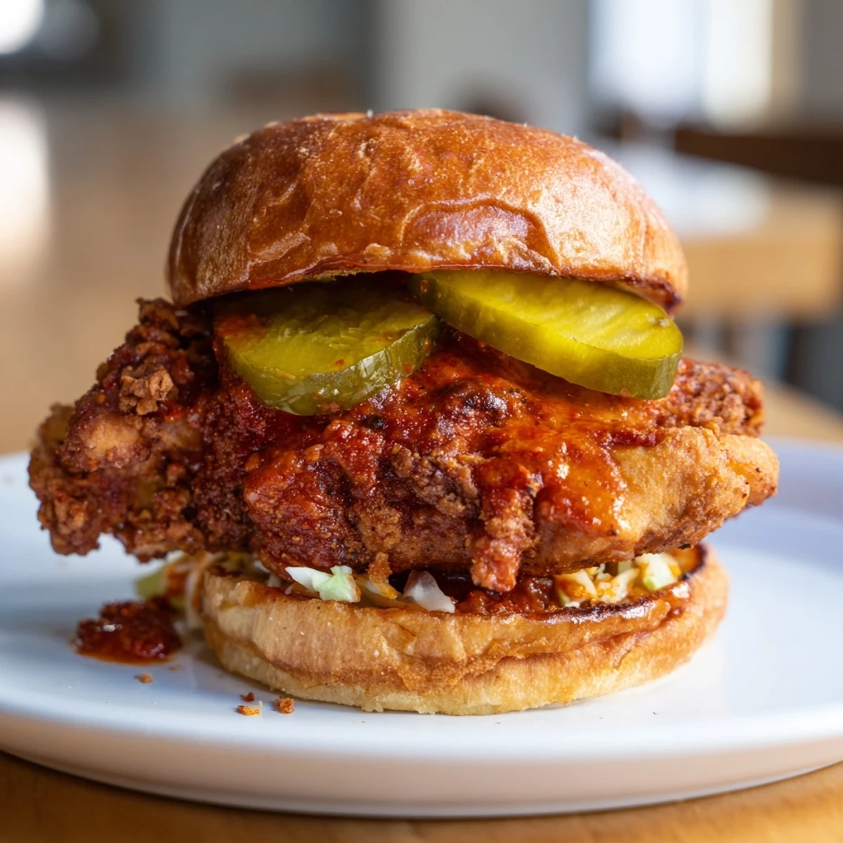 Spicy Nashville Hot Chicken Sandwiches Recipe To Savor topped with creamy slaw, tangy pickles
