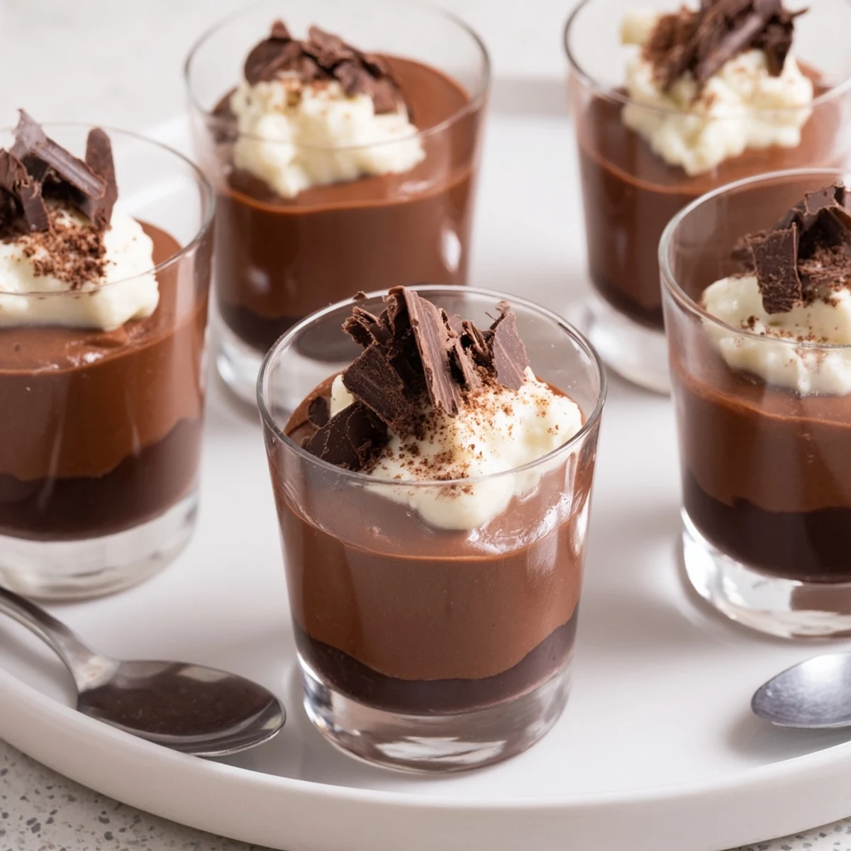 Triple Chocolate Mousse Cups layered in glass, silky textures and shaved chocolate