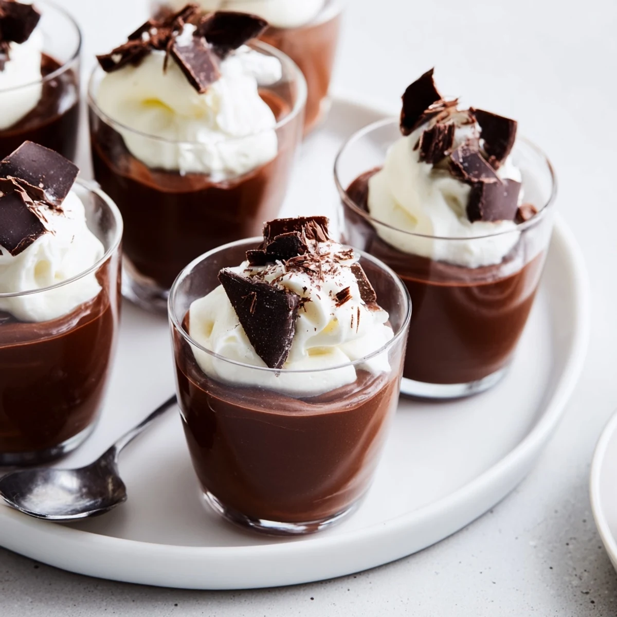 Triple Chocolate Mousse Cups arranged on tray, velvety layers begging to be spooned