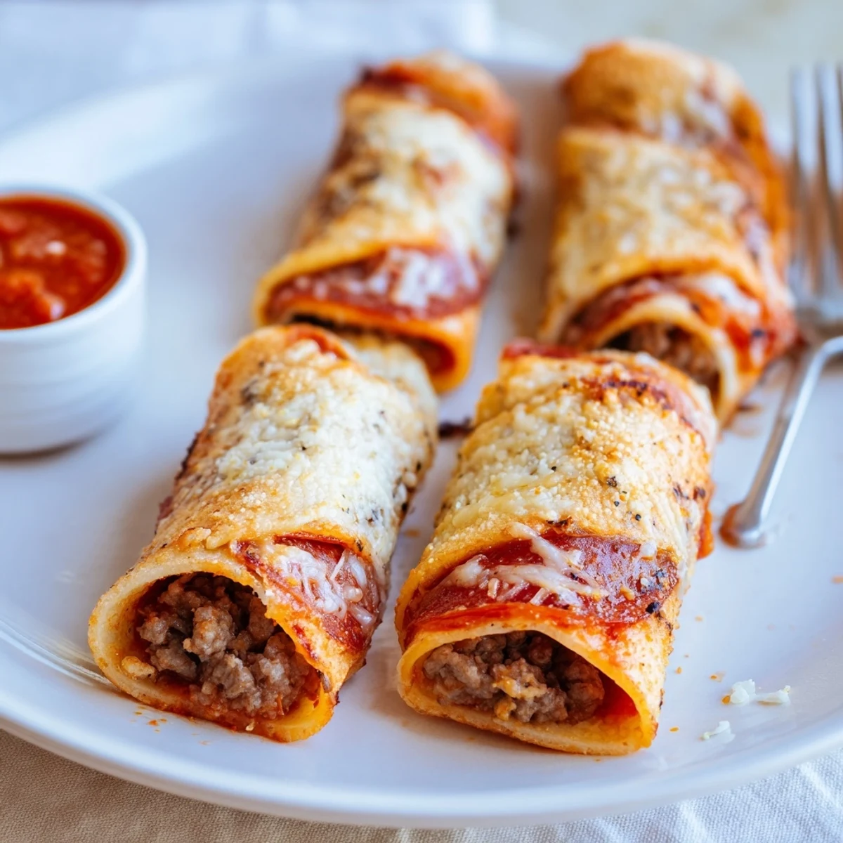 Cheesy Beef Pepperoni Pizza Roll Ups Snack Recipe with bubbling golden cheese.