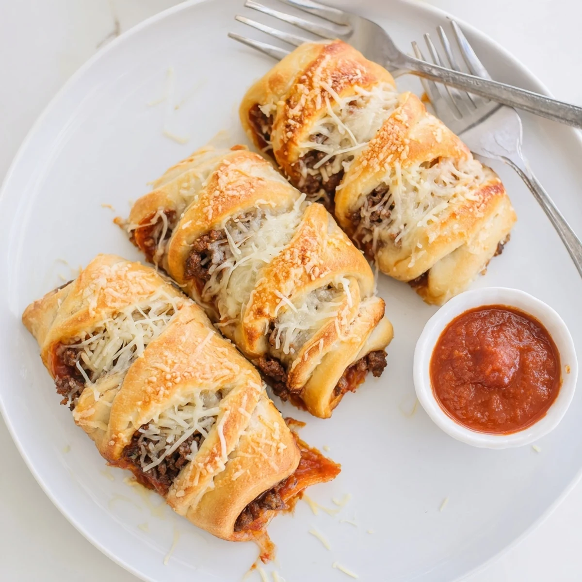 Golden-browned Cheesy Beef Pepperoni Pizza Roll Ups Snack Recipe cooling with sauce for dipping.