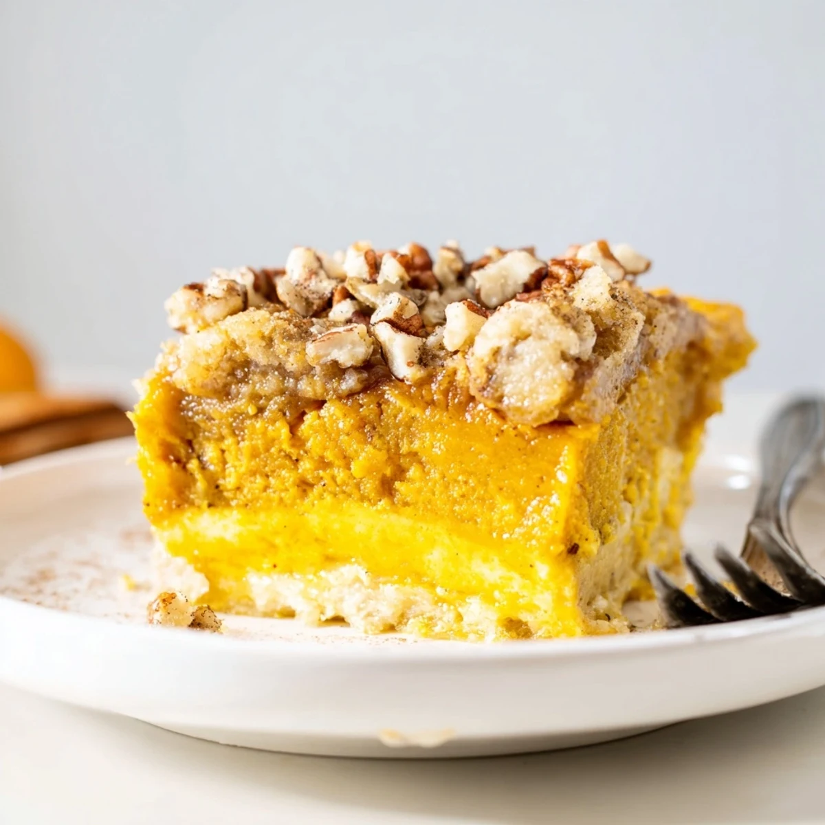 Pumpkin Dump Cake with golden pecan crust, warm and steaming, scoop ready