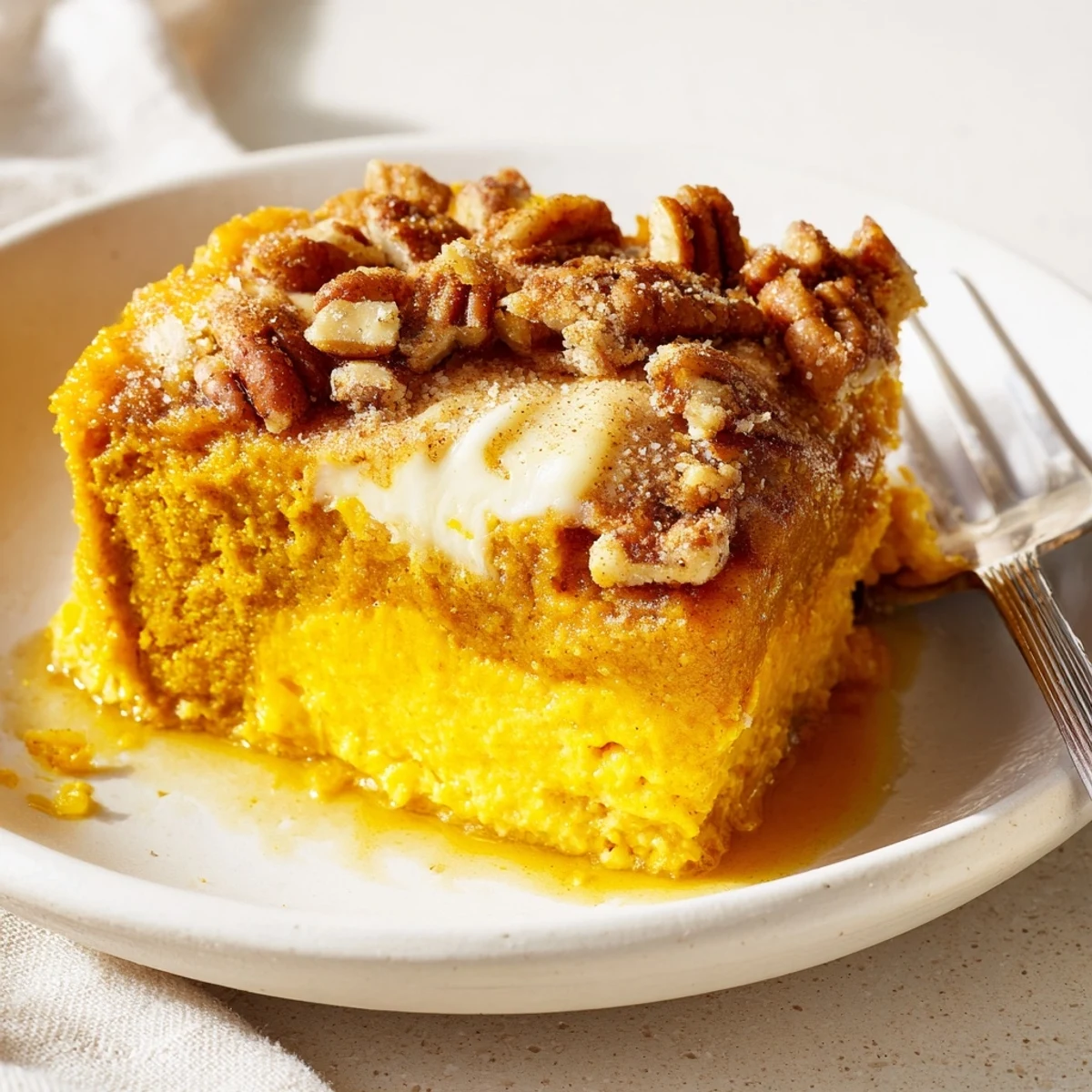 Sliced Pumpkin Dump Cake on plate, moist spiced filling, buttery crumbs
