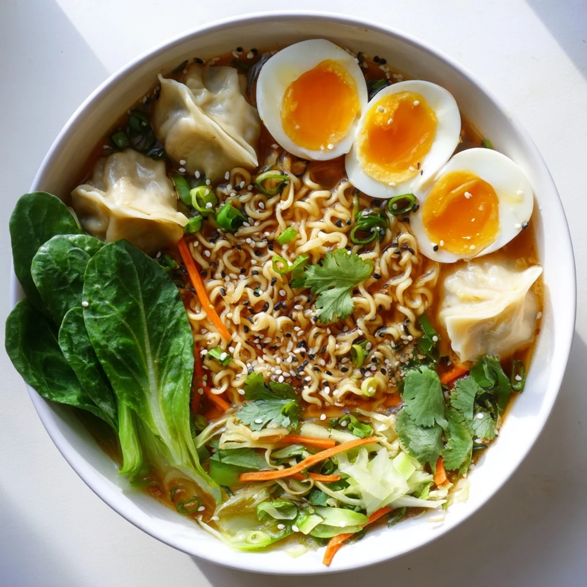 Comforting Asian fusion dumpling ramen bowl with tender dumplings, halved jammy eggs, and shredded cabbage