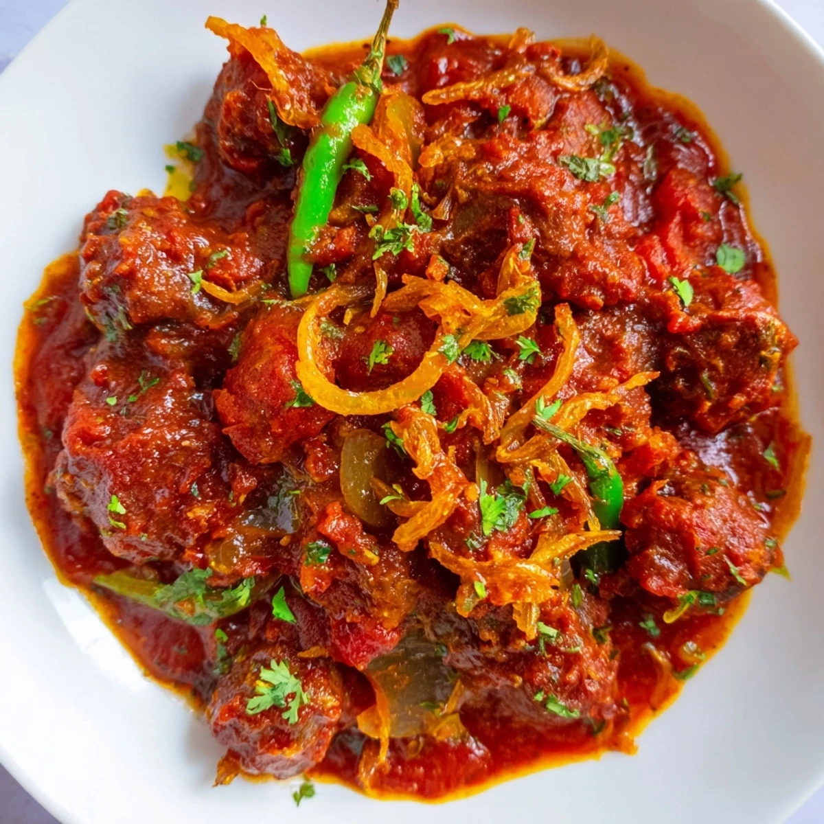 Savory Kenyan goat wet fry with tender meat in rich tomato-based sauce