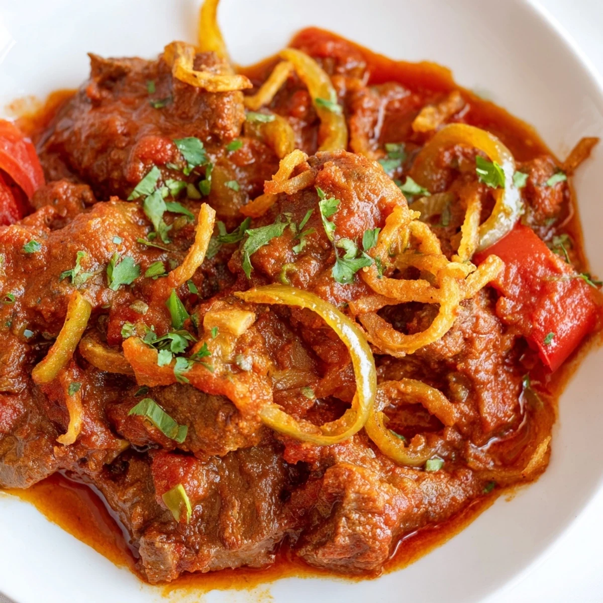 Glossy Kenyan goat wet fry served hot over fluffy white rice platter