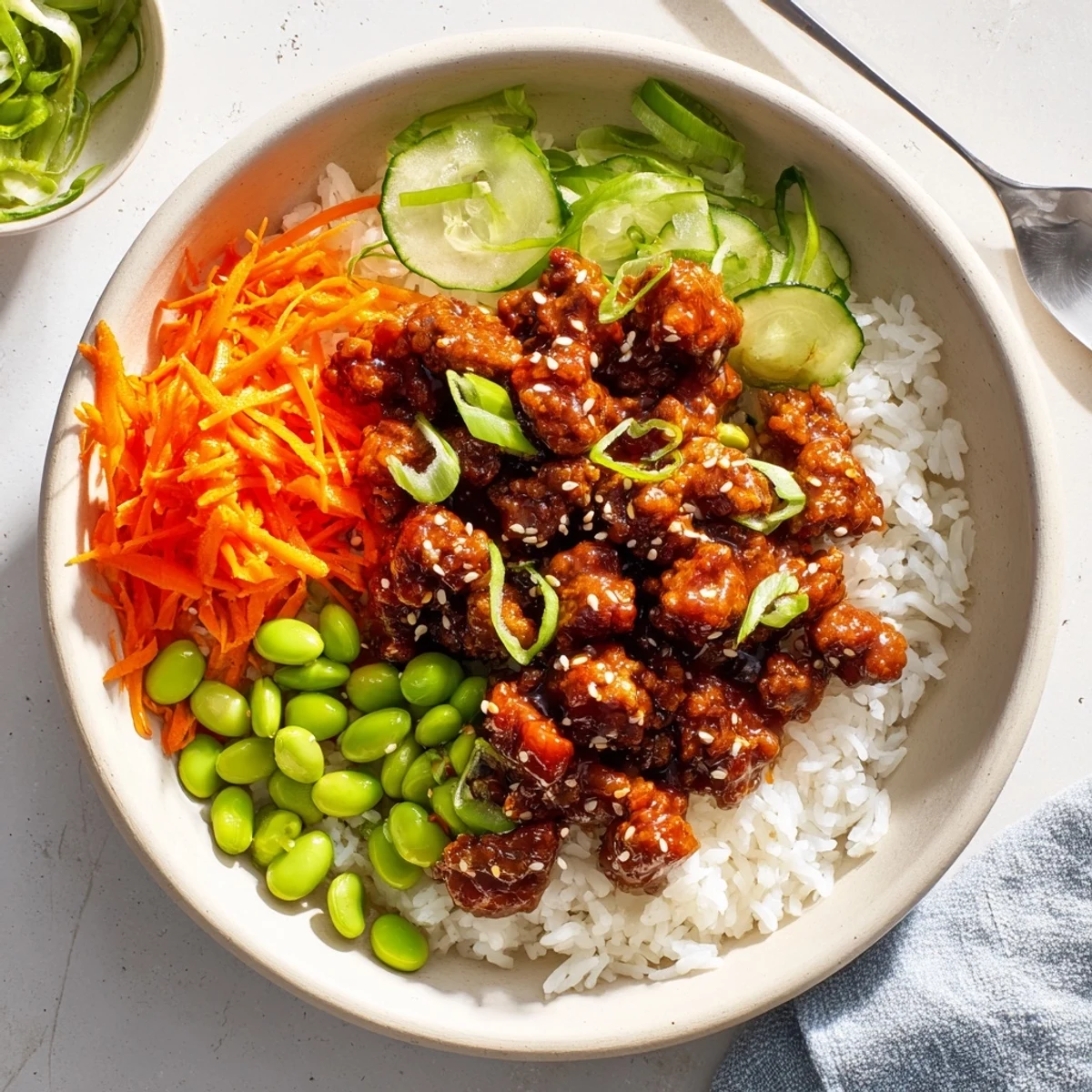 Golden glazed ground beef hot honey bowl served over fluffy white rice with crisp vegetables