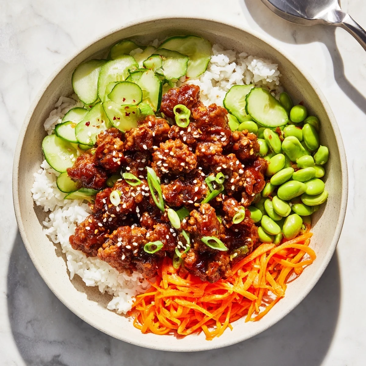 Savory ground beef hot honey bowl topped with colorful carrots, cucumber, and sesame seeds