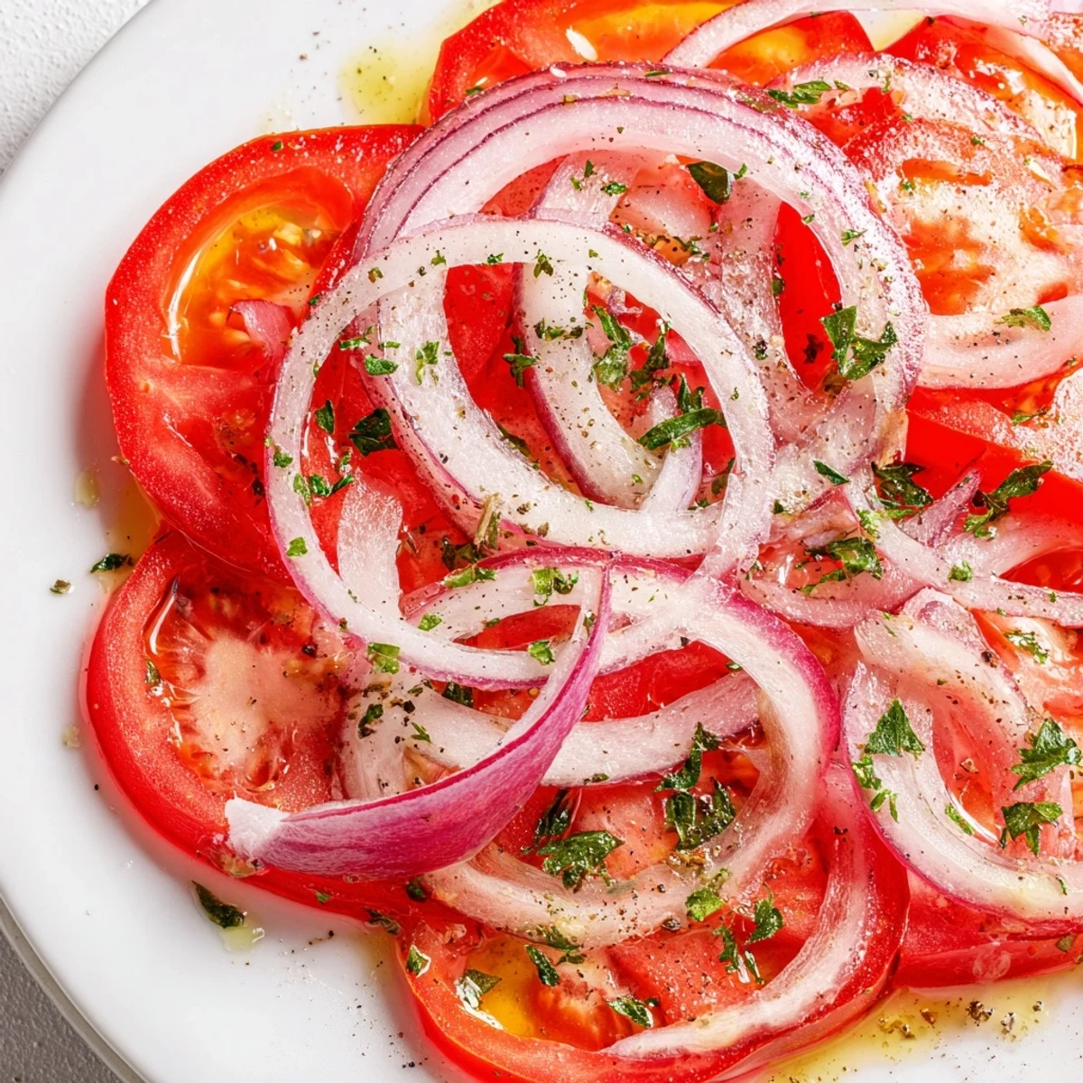 Fresh tomato and onion salad arranged on a white plate with light vinaigrette drizzle