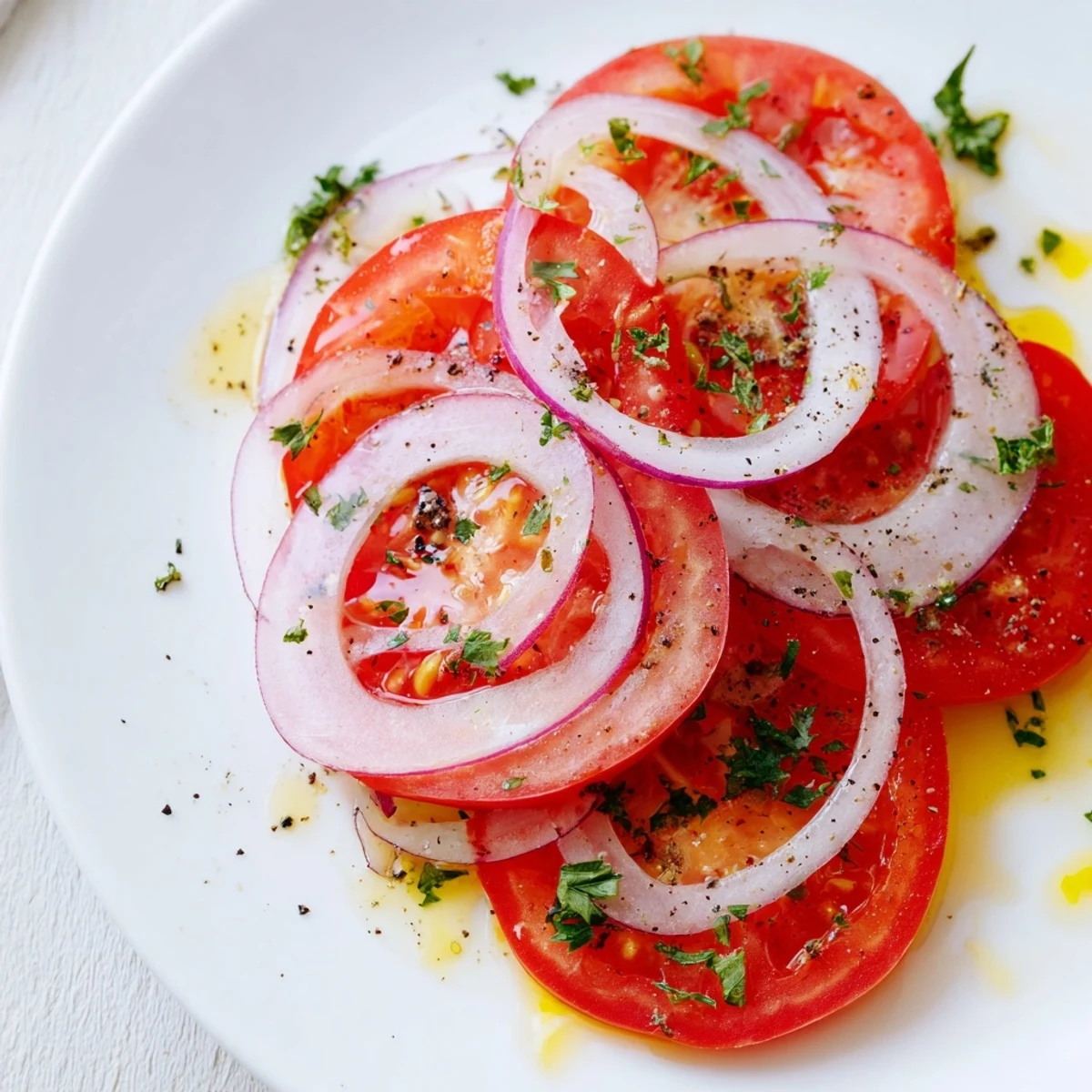 Mediterranean-style tomato and onion salad with sliced red onions and vinaigrette glaze