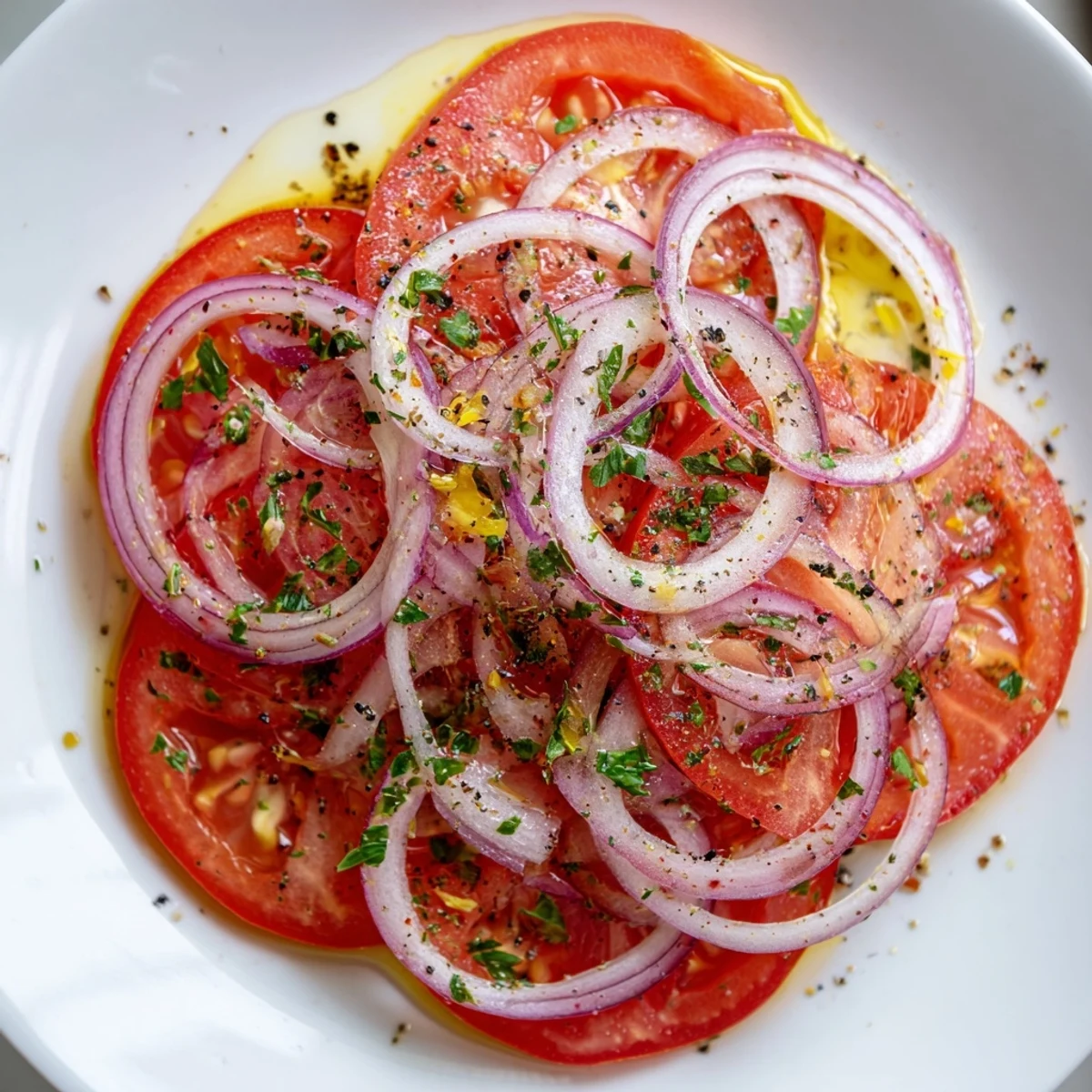 Vibrant tomato and onion salad topped with parsley and olive oil dressing