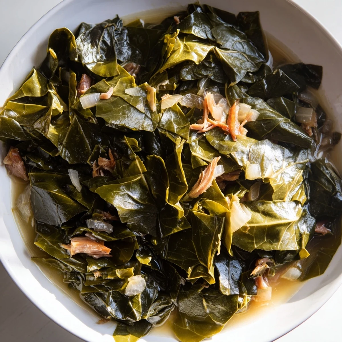 Slow-cooked Southern collard greens simmering in a rich pot with smoked turkey meat