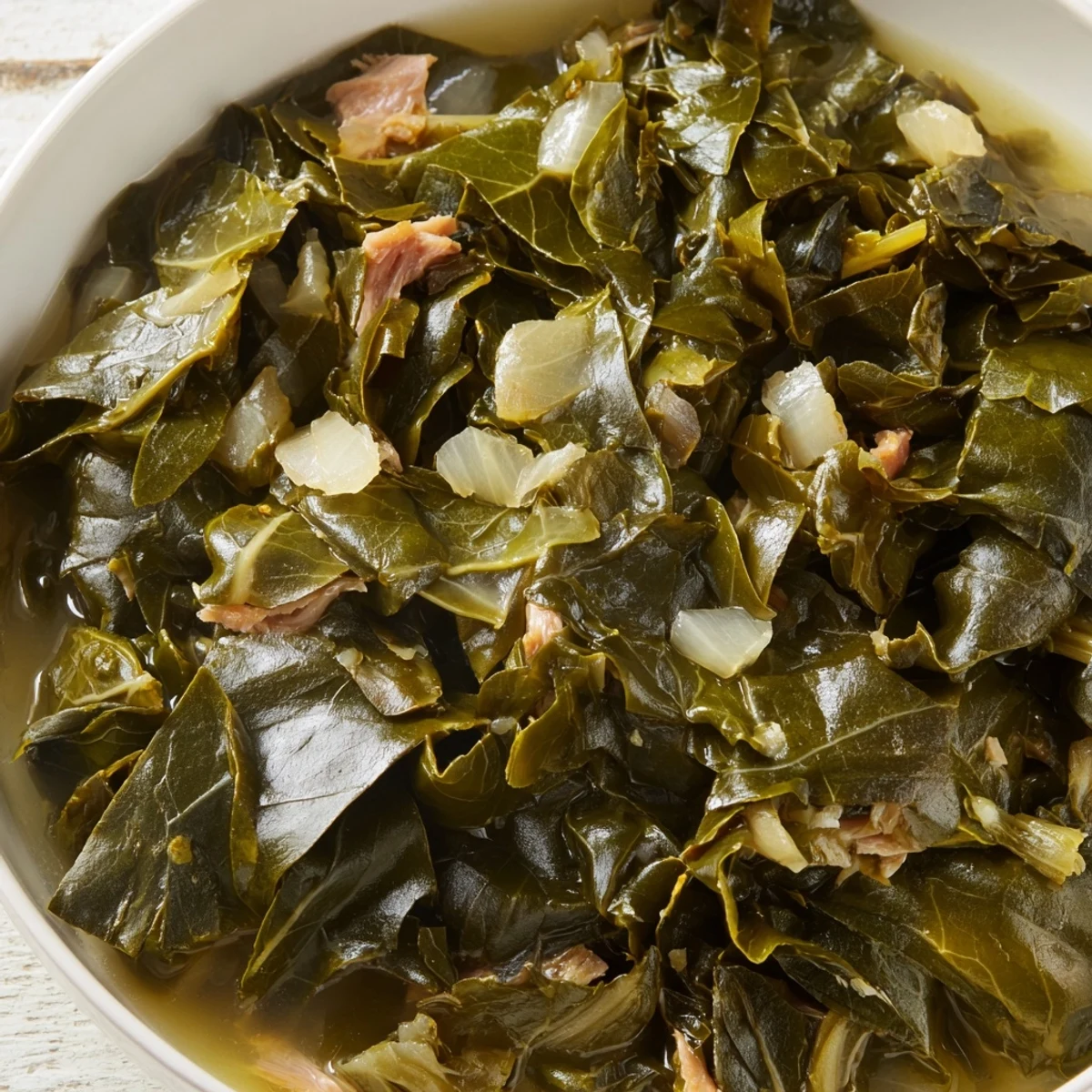 Heap of deep green collard greens served steaming hot with traditional Southern seasonings
