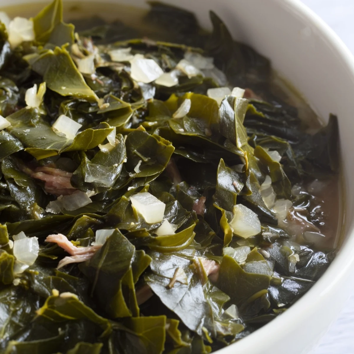 Tender collard greens braised with aromatic onions and garlic in a savory broth