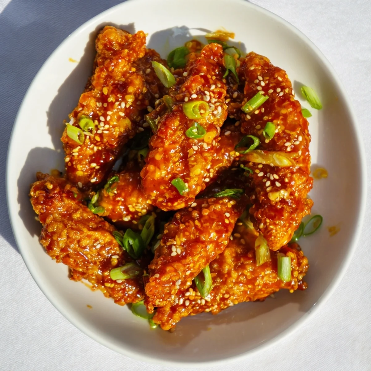 Golden orange chicken pieces glazed in shiny citrus sauce garnished with fresh green onions
