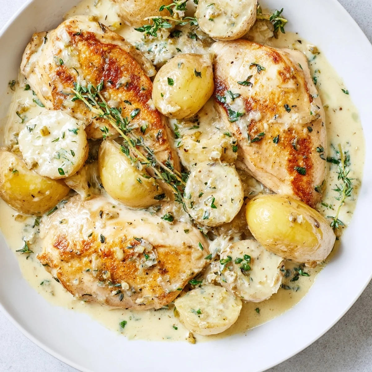 Comforting creamy herb chicken and potatoes dish garnished with fresh parsley and served in a rustic cast iron skillet