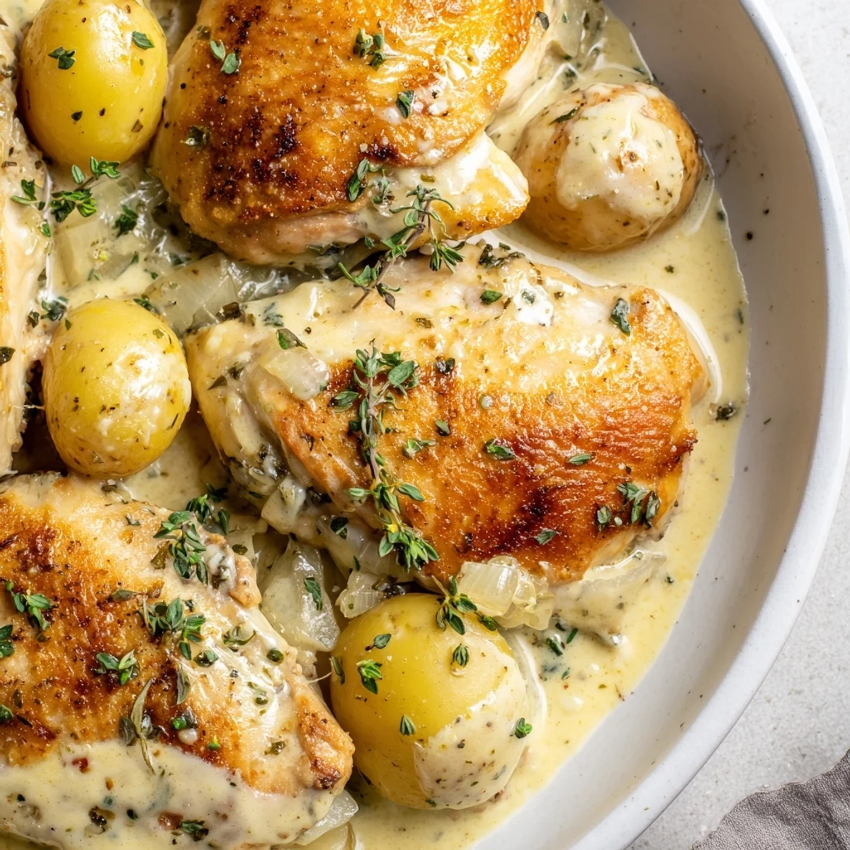 Golden seared chicken breasts nestled in creamy herb sauce with tender baby potatoes on a white serving platter