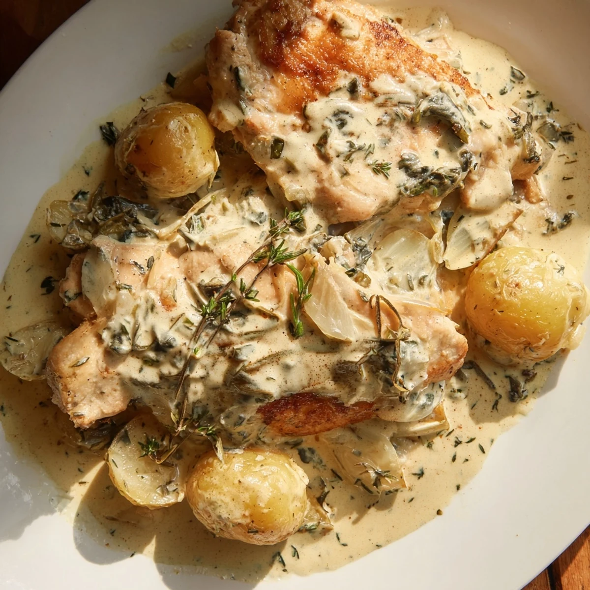 One-pot creamy herb chicken potatoes recipe featuring golden chicken pieces swimming in luscious garlic Parmesan sauce with baby potatoes