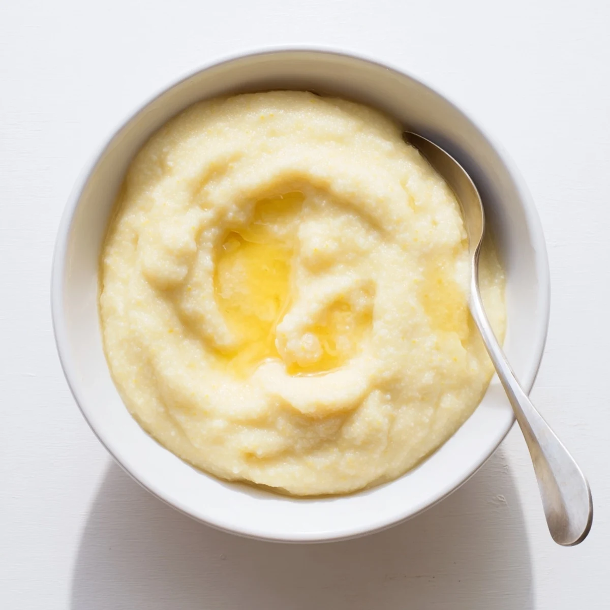 Steaming hot maize porridge stirred until smooth in a rustic ceramic serving bowl