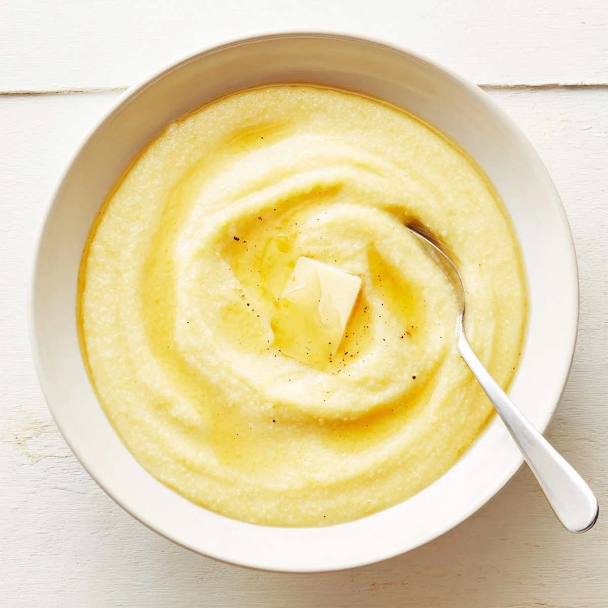 Golden maize porridge plated with melted butter and dried fruit for warm winter mornings