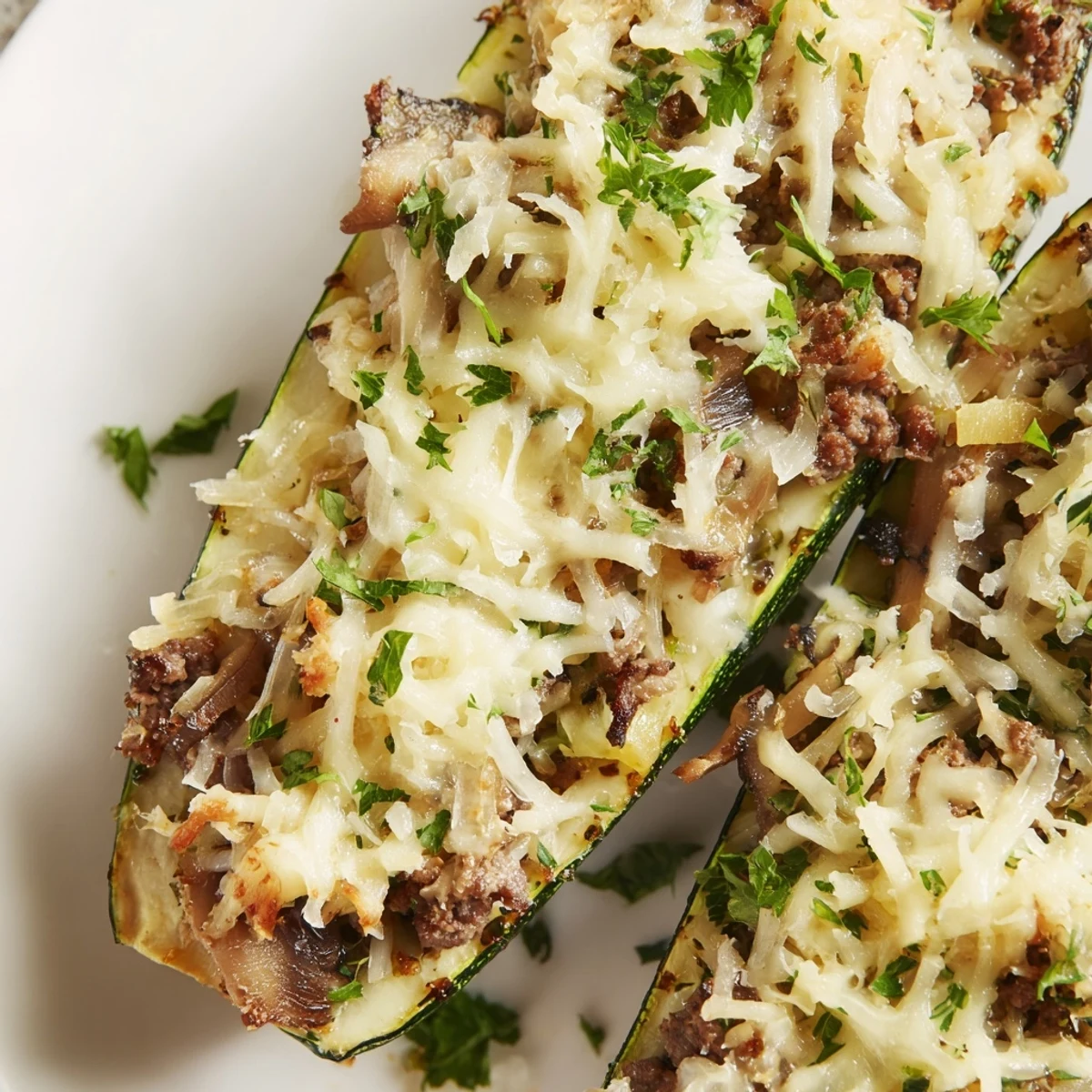 Golden beef tenderloin mushroom stuffed zucchini boats bubbling with melted mozzarella cheese