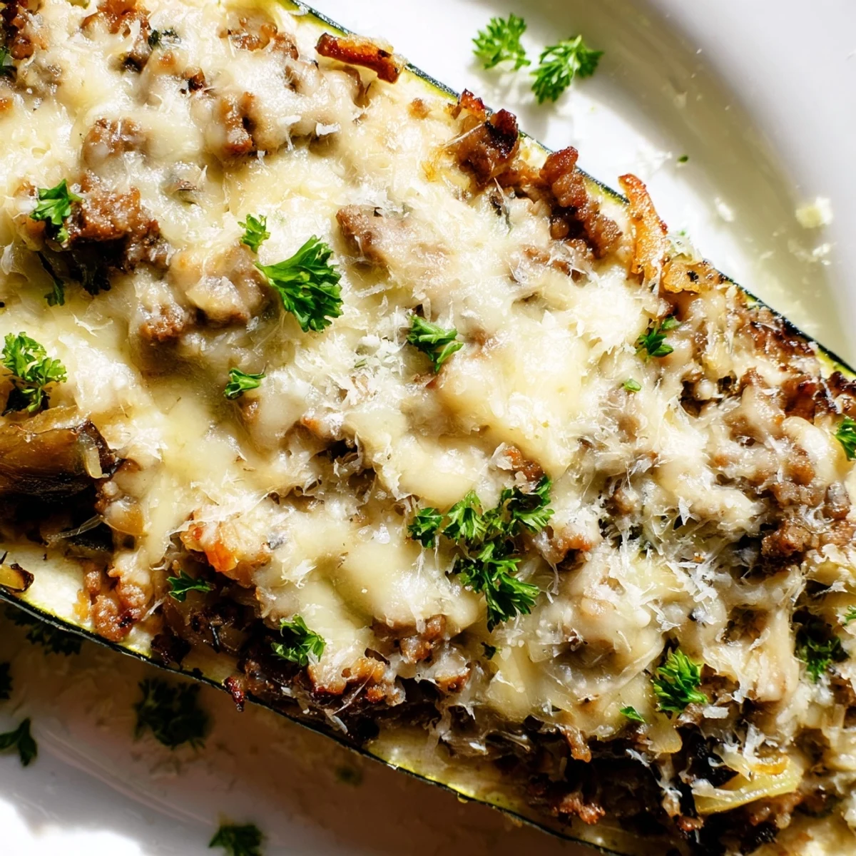 Tender zucchini boats filled with savory beef and mushroom mixture topped with cheese