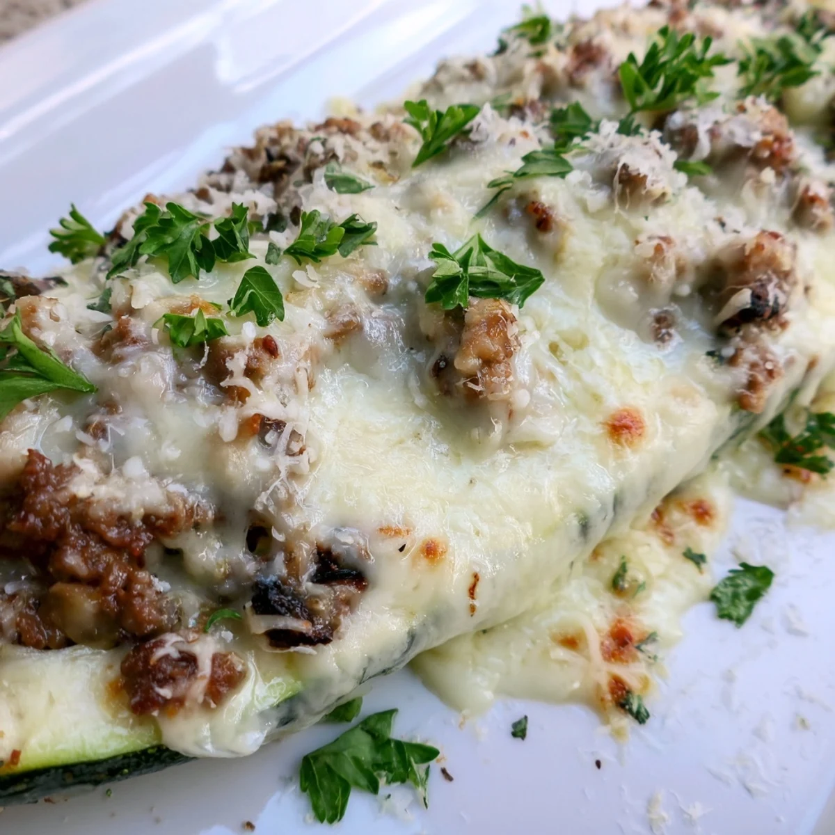 Baked zucchini halves stuffed with beef tenderloin mushrooms and herbs on white plate