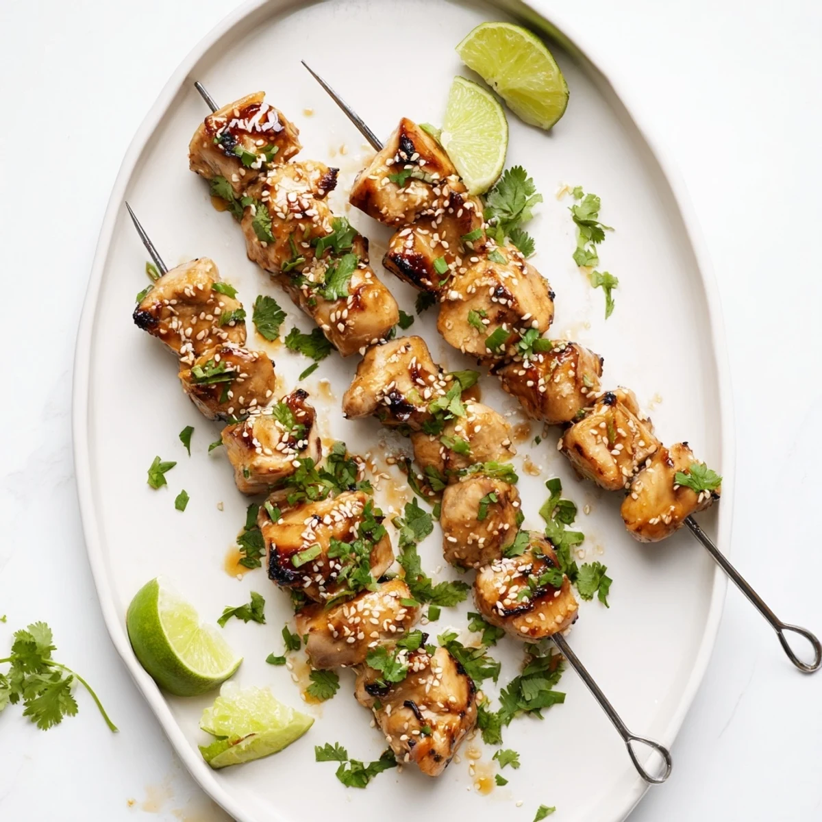 Golden grilled spicy honey garlic chicken skewers with caramelized char marks and fresh cilantro garnish