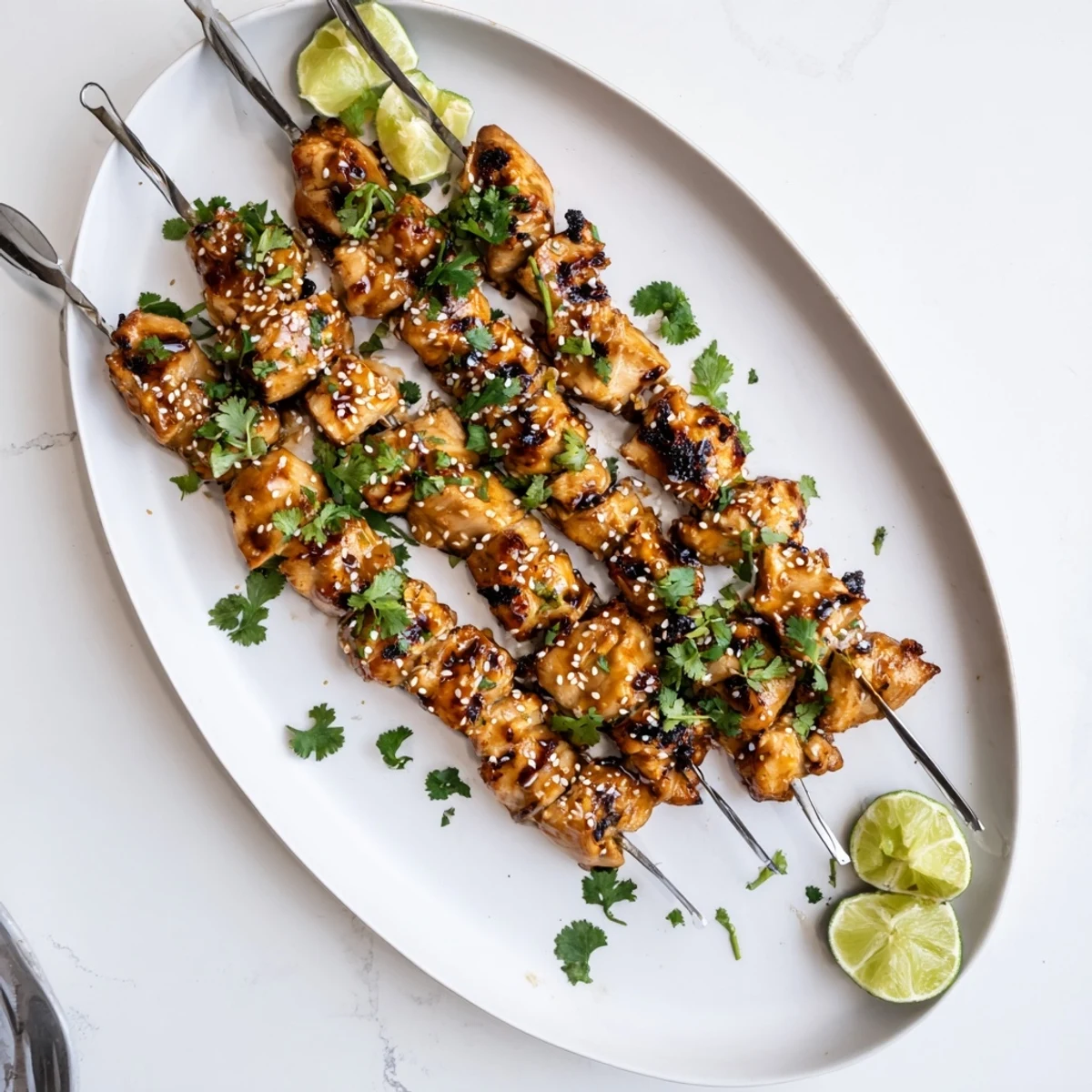 Juicy chicken threaded on skewers glazed in sweet spicy honey garlic sauce on a smoking hot grill