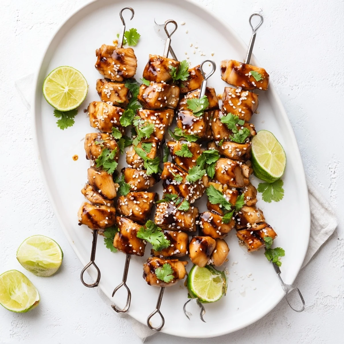 Plate of honey garlic chicken skewers sprinkled with sesame seeds and served with lime wedges