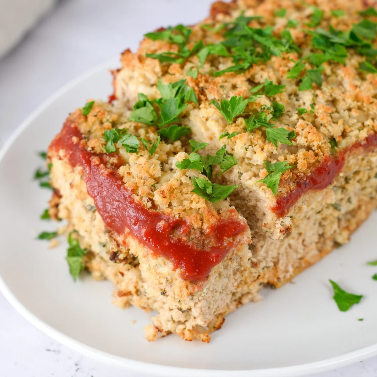 Golden Parmesan crusted turkey meatloaf sliced to reveal tender juicy interior with ketchup glaze