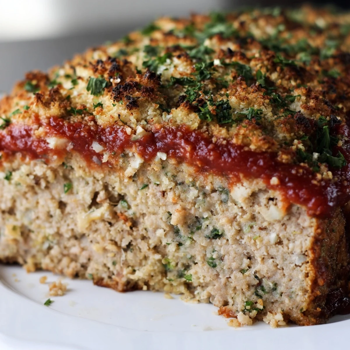 Savory turkey meatloaf with crispy cheesy Parmesan topping resting on white serving platter with parsley