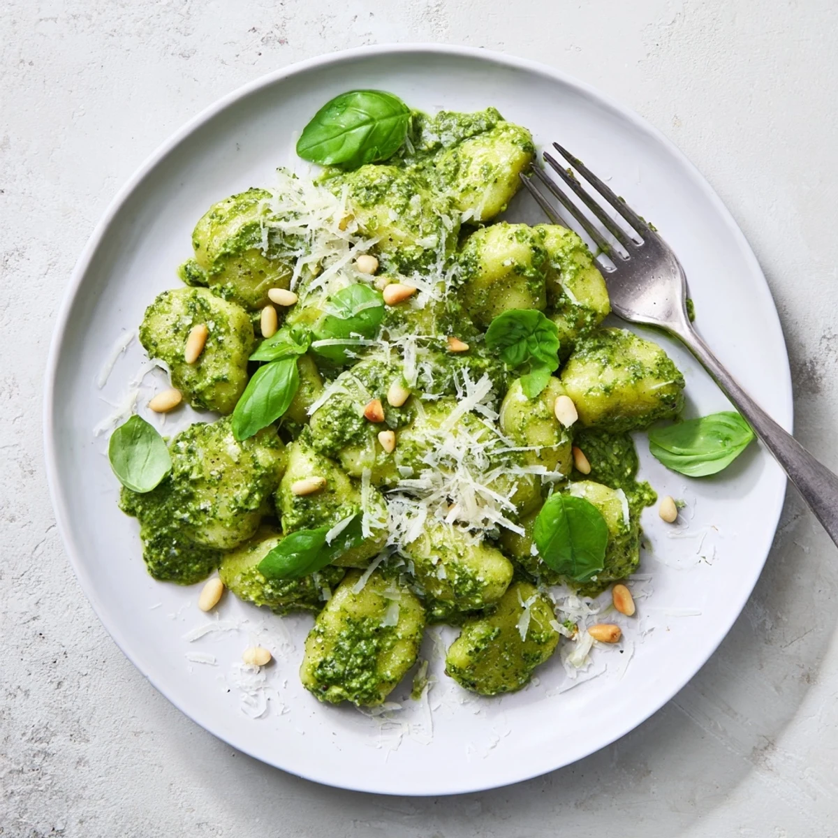 Soft Italian pesto gnocchi garnished with fresh basil and grated Parmesan cheese