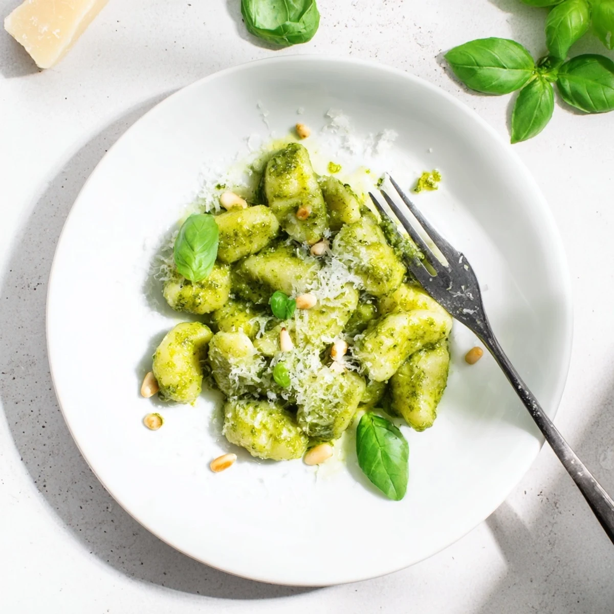 Creamy basil pesto tossed with tender potato dumplings for a vegetarian dinner